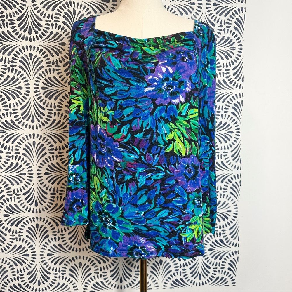 Cable & Gauge Blue Floral Draped Neck Blouse FLAW READ